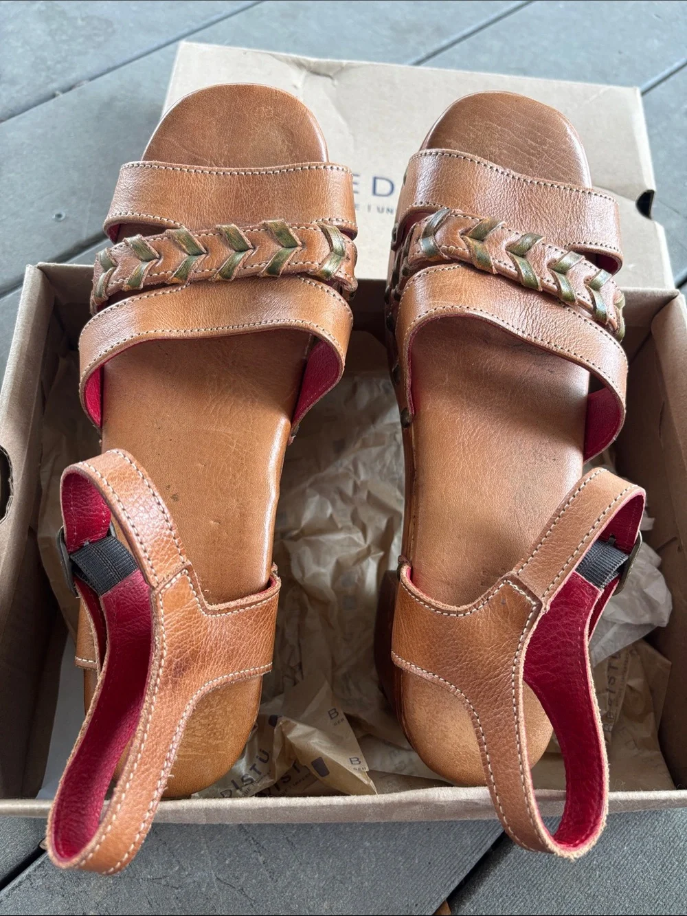 Bed Stu Brown Leather Platform Sandals with Braided Strap